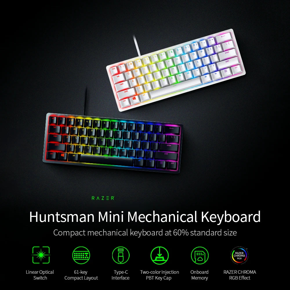 Razer Huntsman Mini Gaming Mechanical Keyboard Clicky Optical/Linear Switch 61 Keys Wired RGB Keyboard for PC Gamer Balck/Silver