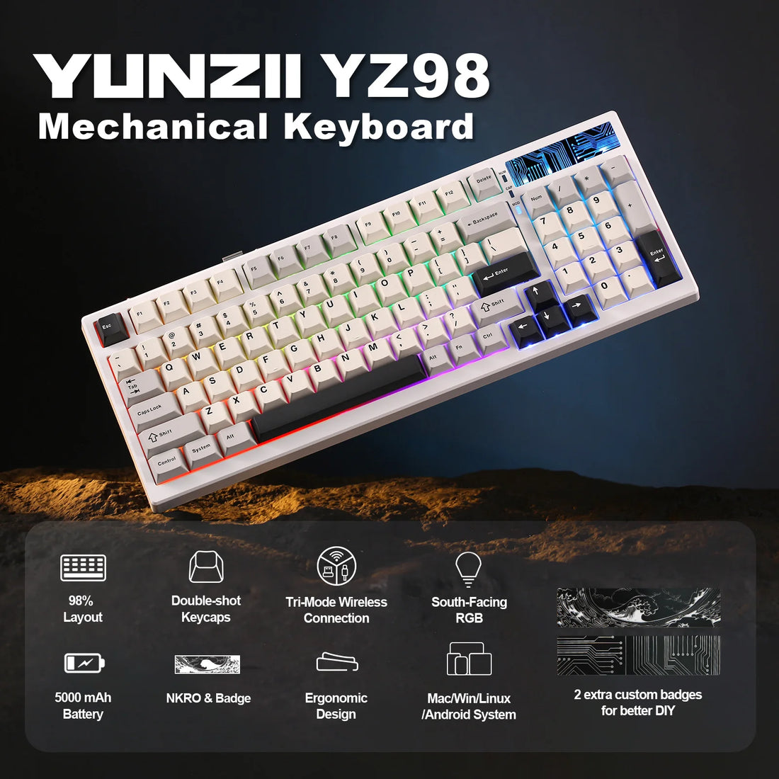 YUNZII YZ98 White Full Size Mechanical Gaming Keyboard, Vintage 99 Keys Hot Swap Gasket 98% Layout Wireless RGB Backlit Keyboard