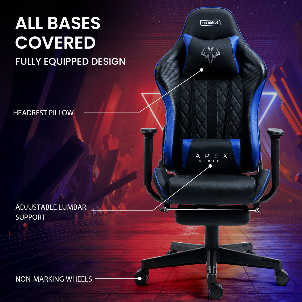 OVERDRIVE Apex Series Reclining Gaming Ergonomic Gaming Chair with Footrest, Black and Blue