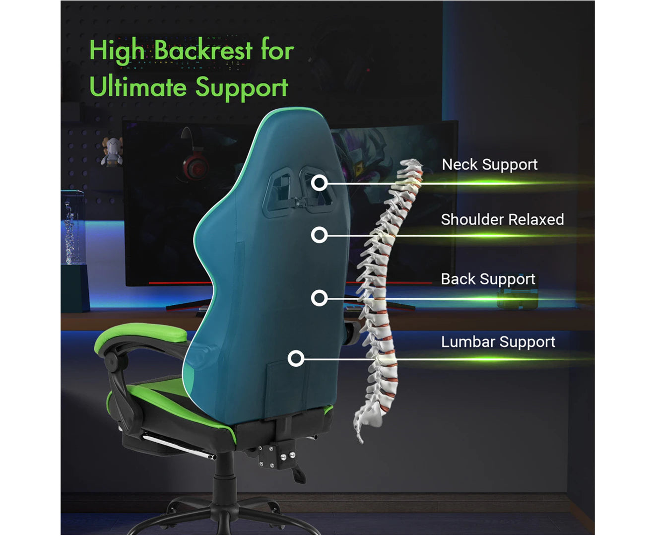Computer Gaming Chair with Footrest High Back Ergonomic Office Chair PU Leather Gamer Chair with Lumbar Support Green