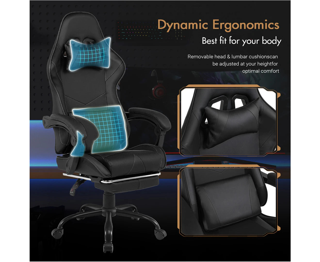 Computer Gaming Chair with Footrest High Back Ergonomic Office Chair PU Leather Gamer Chair with Lumbar Support Black