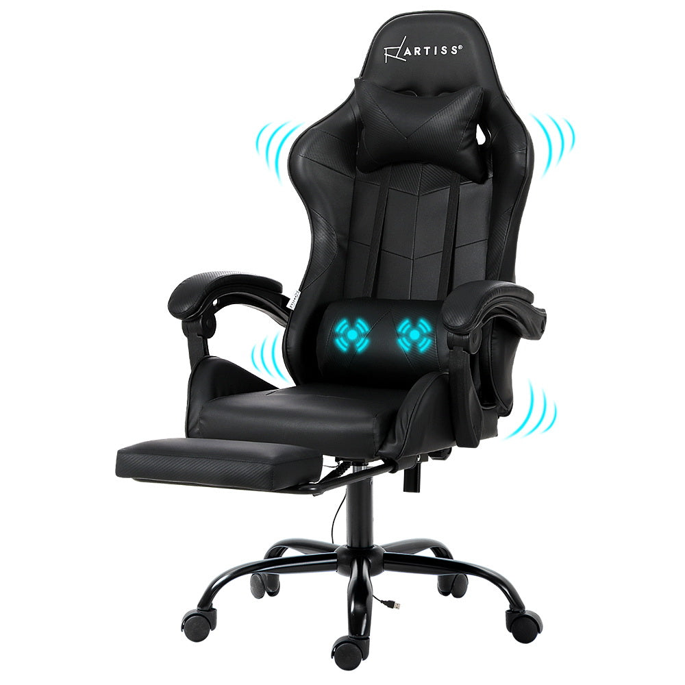 Artiss Gaming Chairs Massage Racing Recliner Leather Office Chair Footrest Black-0
