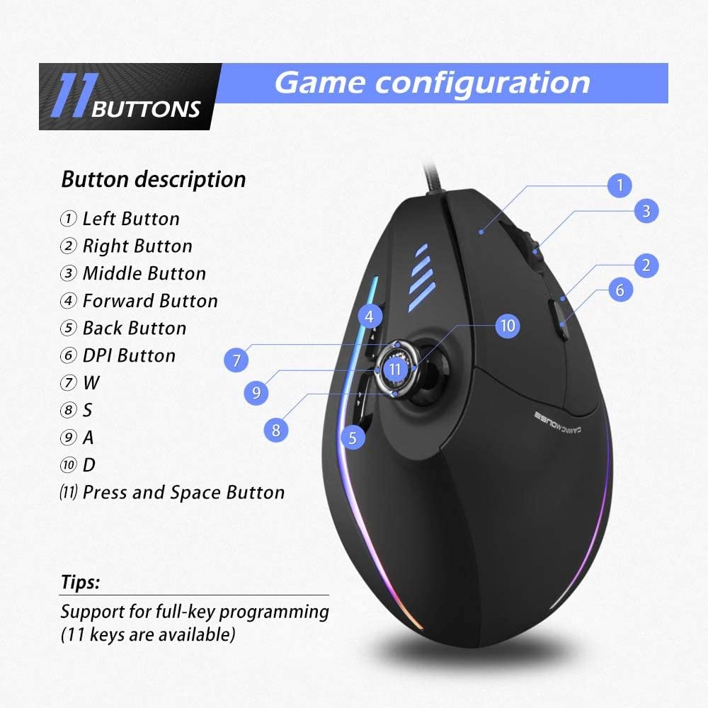 C18 RGB Vertical Gaming Mouse - 11 Programmable Buttons Adjustable