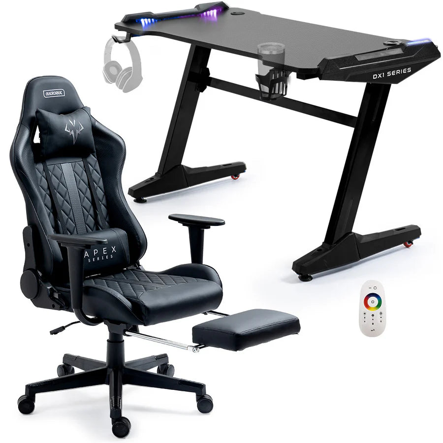 Gaming Office Desk and Chair, LED-FX Light Effects, USB Outlets, Headset Hanger, Cup Holder and Footrest, Black