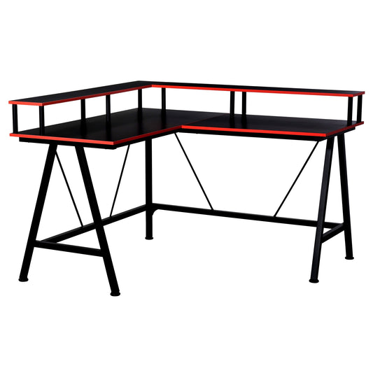L-Shape Corner Gaming Desk Computer Table with Elevated Monitor Shelf Workstation, Black Red-0