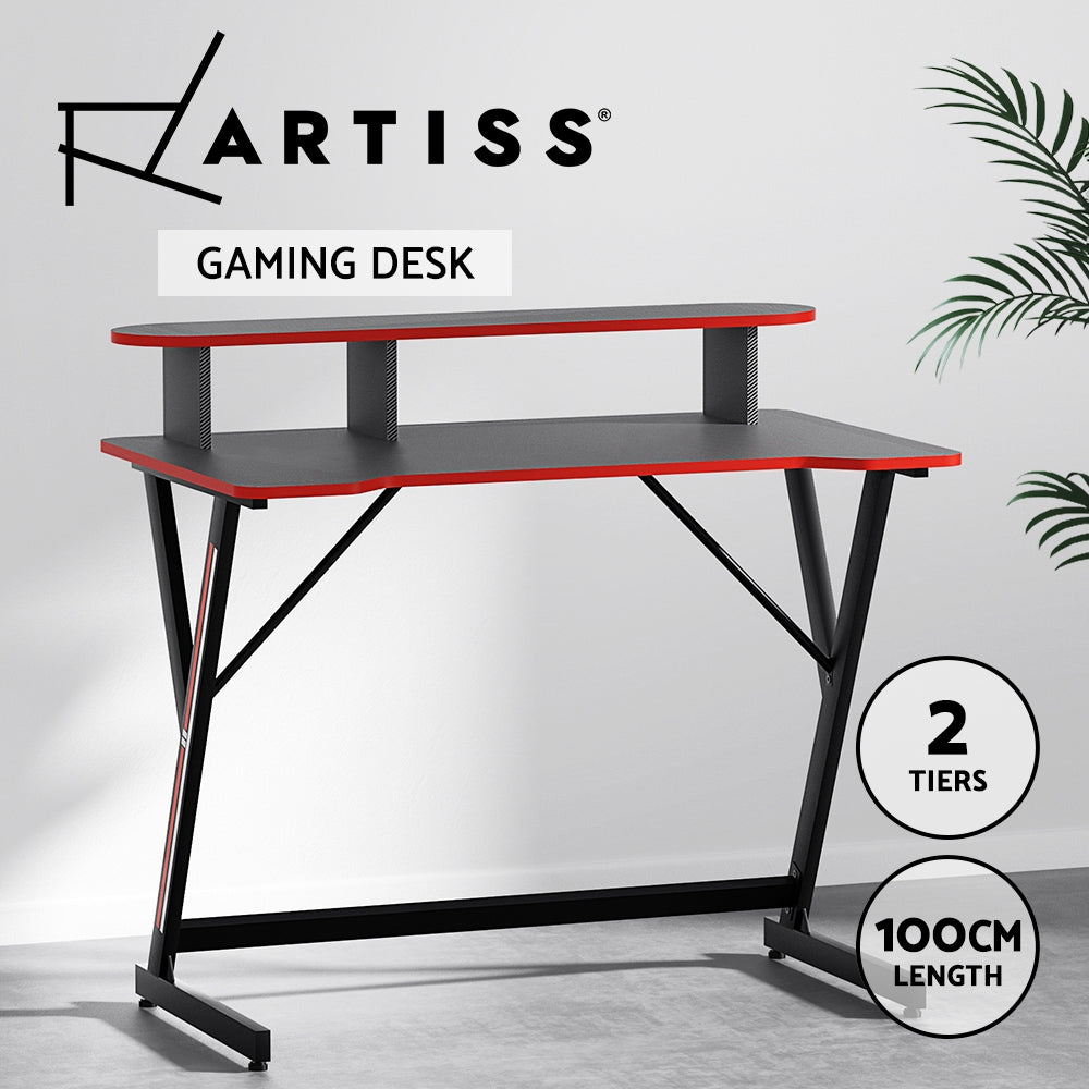 Artiss Gaming Table 2-Tiers - Black with Red Trim