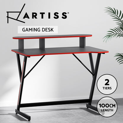 Artiss Gaming Table 2-Tiers - Black with Red Trim