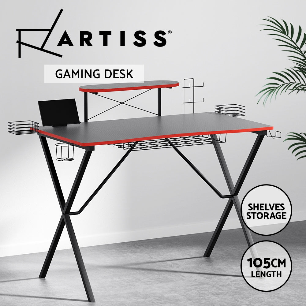 Artiss Gaming Desk + Storage - 105CM - Black with Red Trim