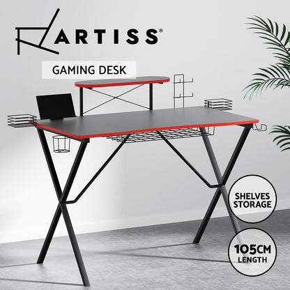 Artiss Gaming Desk + Storage - 105CM - Black with Red Trim