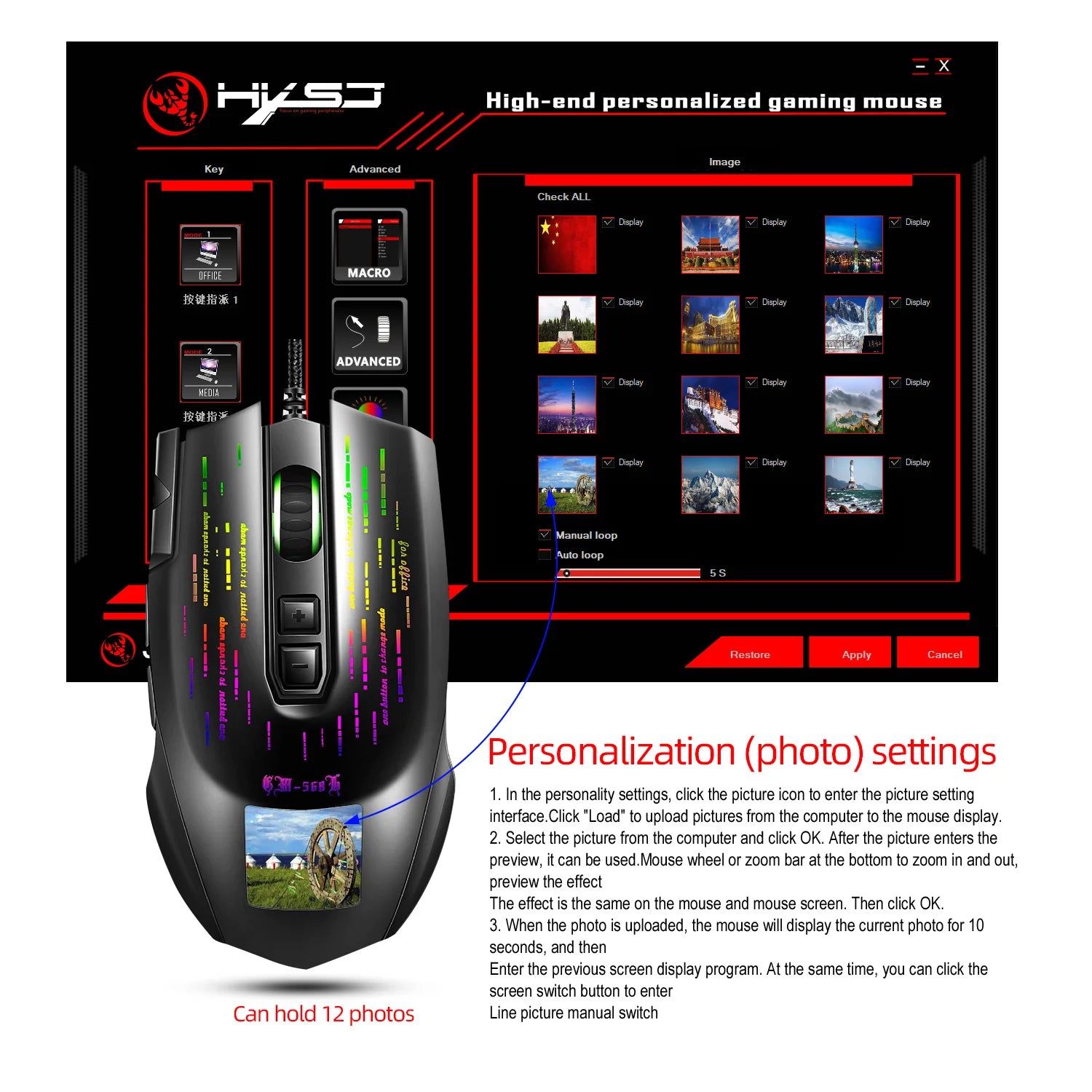 HXSJ J500 Wired Gaming Mouse 10000 DPI Optical Sensor RGB Backlit Photo Setting Macro Programming for PC Gamers