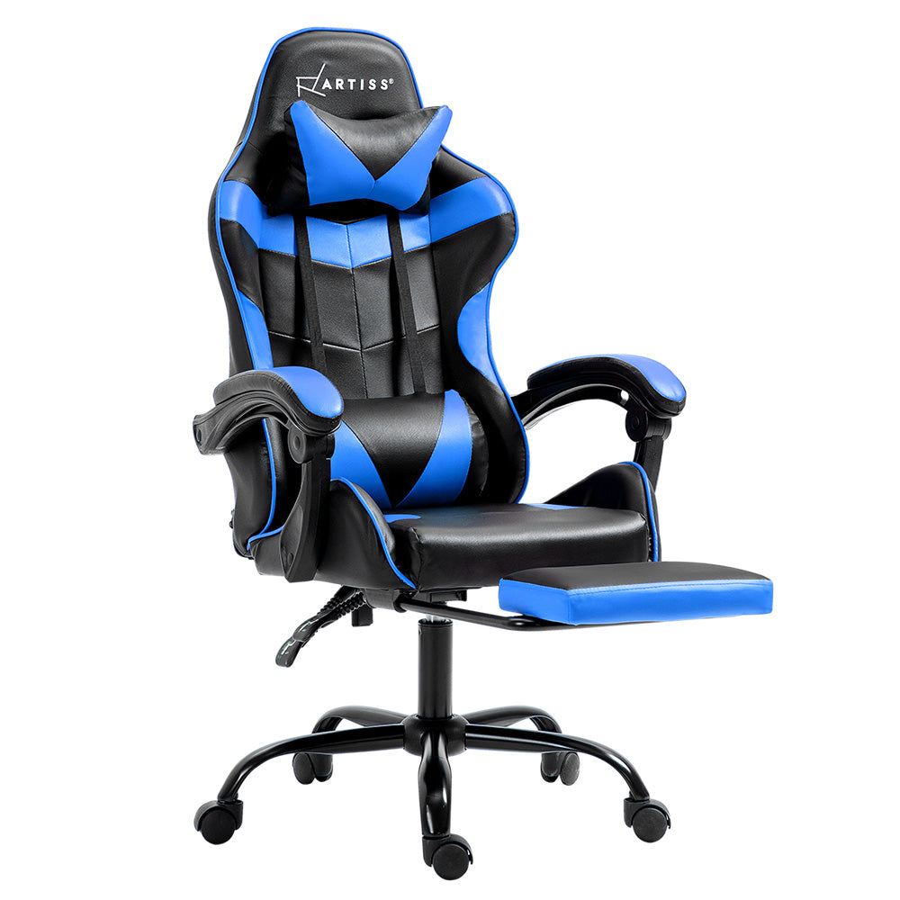 Artiss Gaming Chair Leather Gaming Chairs Footrest Recliner Study Work Blue