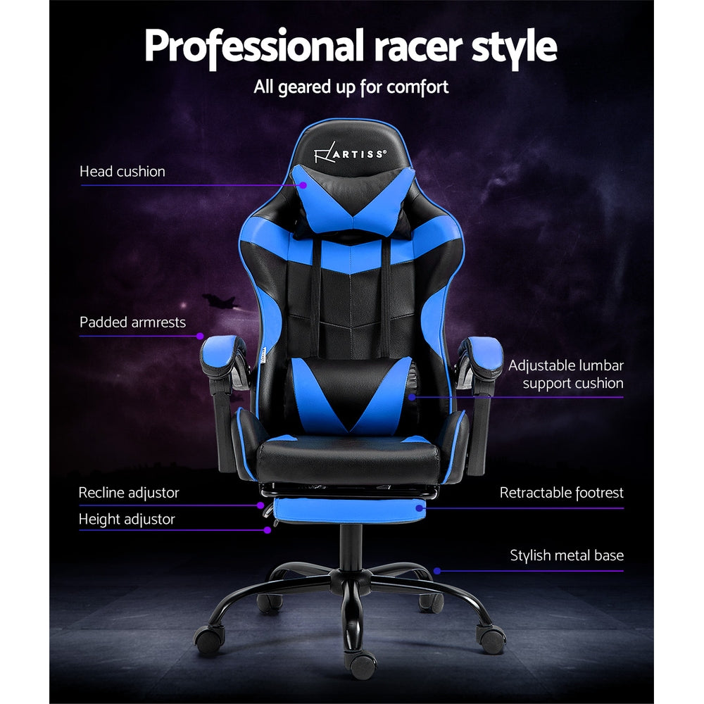 Artiss Gaming Chair Leather Gaming Chairs Footrest Recliner Study Work Blue