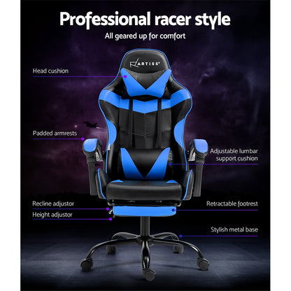 Artiss Gaming Chair Leather Gaming Chairs Footrest Recliner Study Work Blue