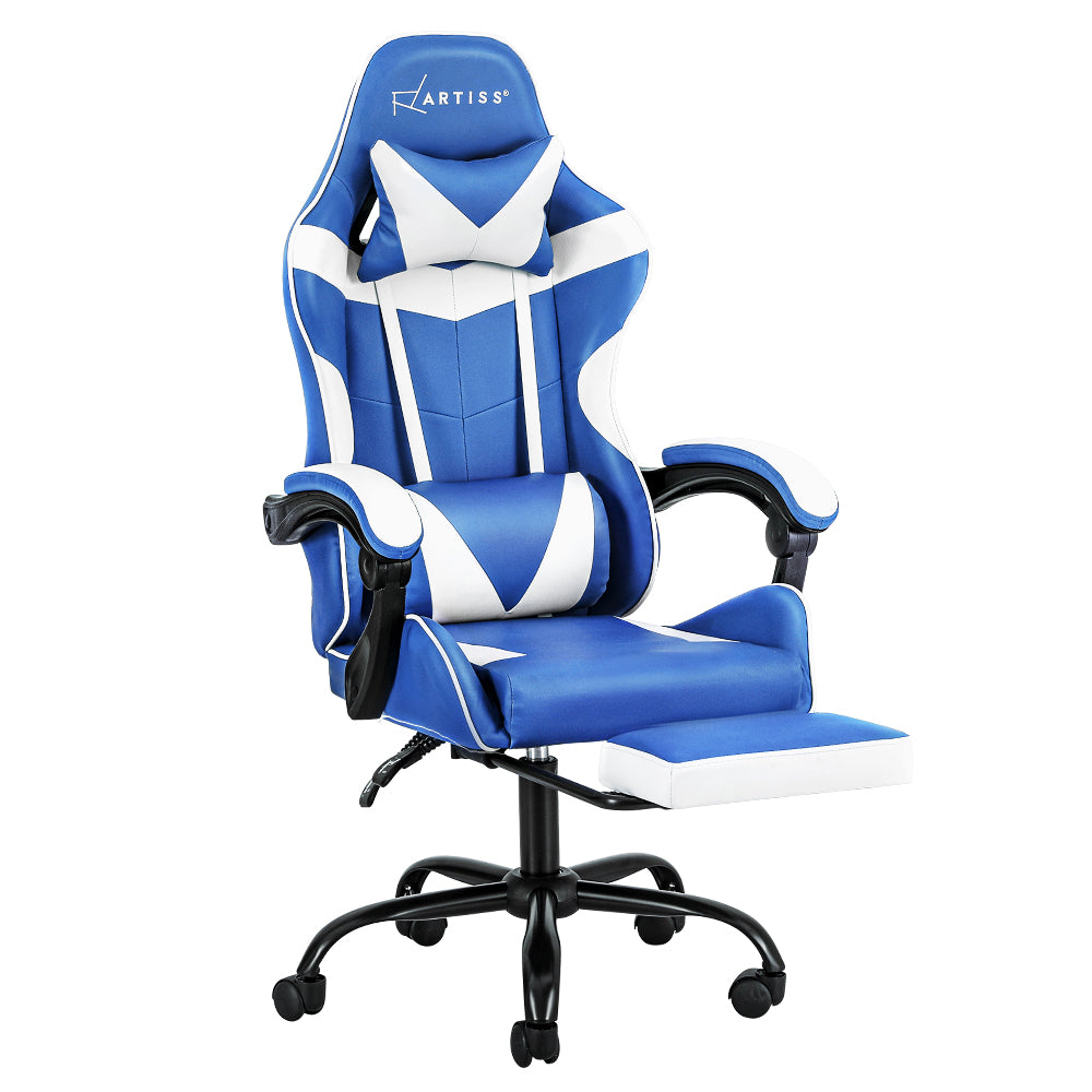 Artiss Gaming Office Chair Executive Computer Leather Chairs Footrest Blue White-0