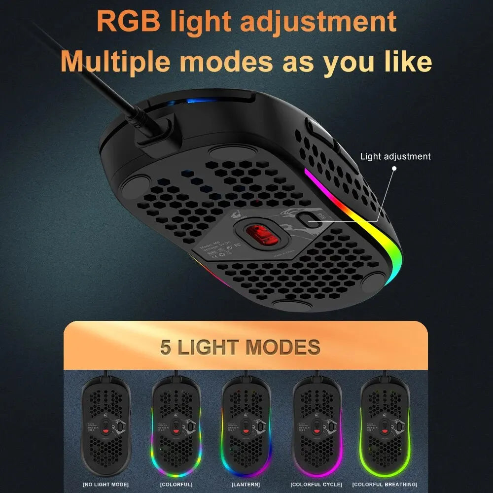 Medium RGB Gaming Mouse – 6400 DPI Lightweight Honeycomb