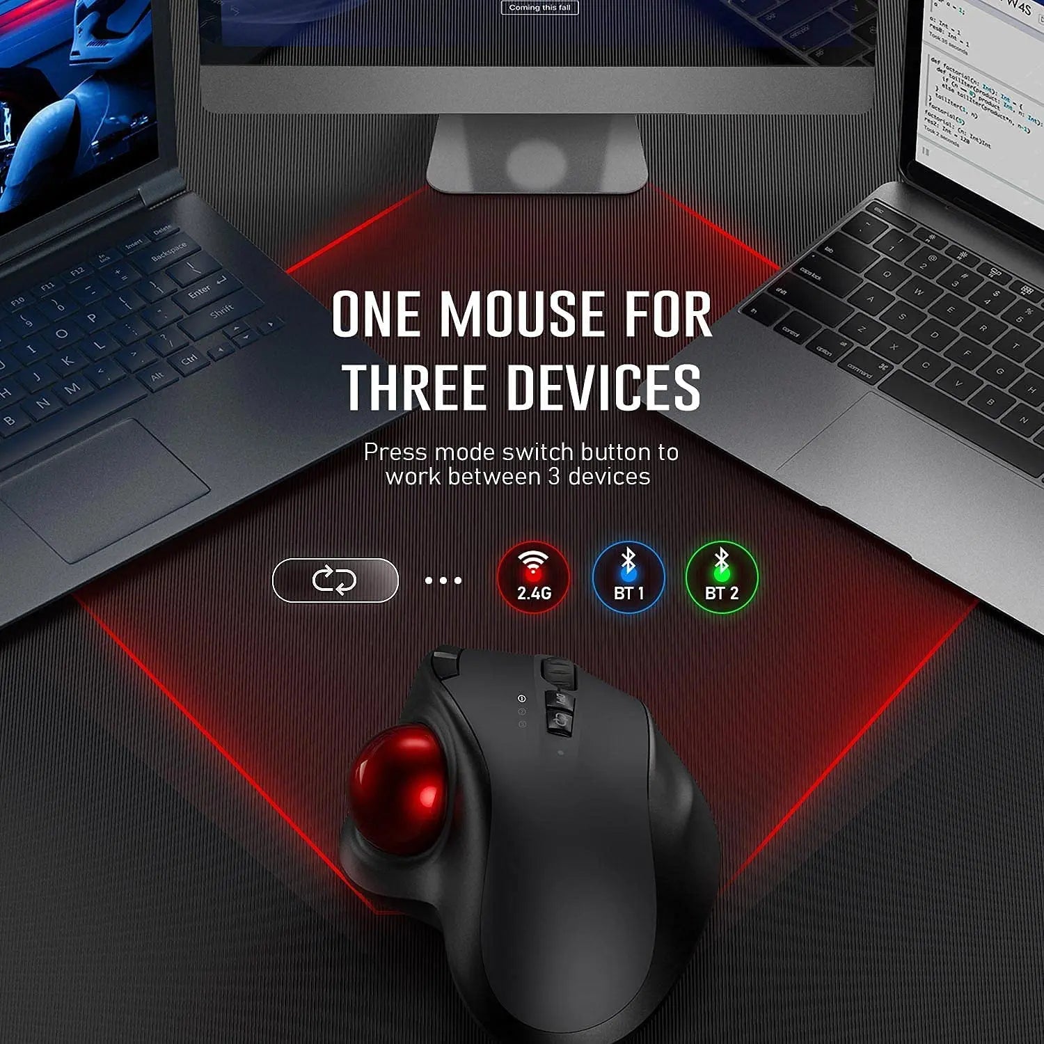 Wireless Ergonomic Trackball Mouse - Rechargeable with Adjustable DPI