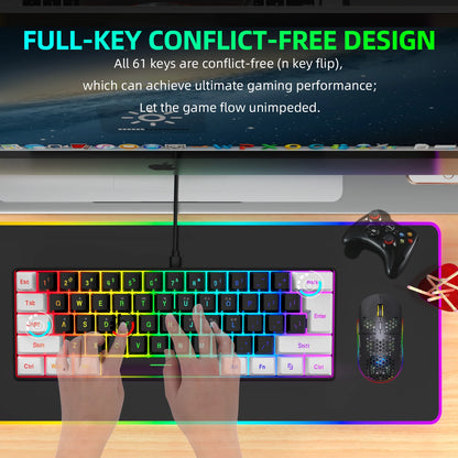 Wired RGB Gaming Keyboard and Mouse Combo – 61 Key White &amp; Black Backlit Set for Gamers, Perfect for PUBG &amp; Esports