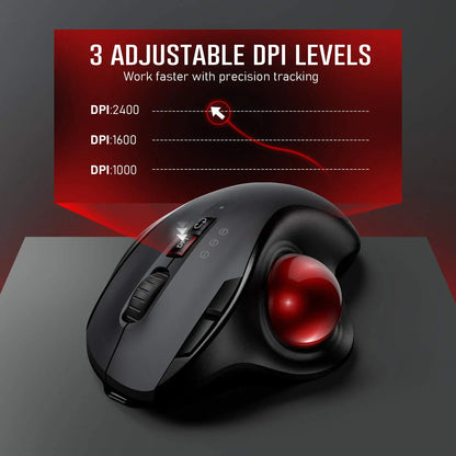 Wireless Ergonomic Trackball Mouse - Rechargeable with Adjustable DPI