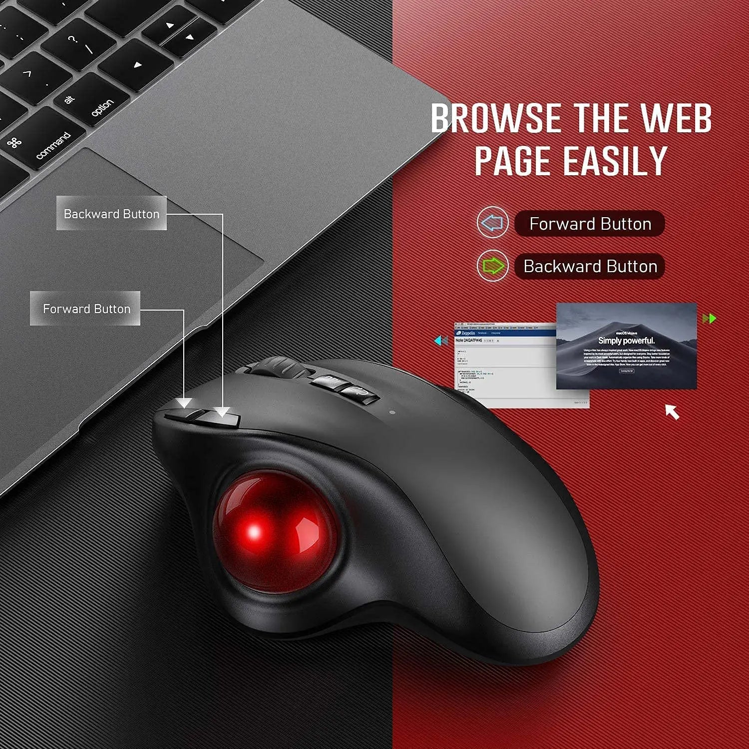 Wireless Ergonomic Trackball Mouse - Rechargeable with Adjustable DPI