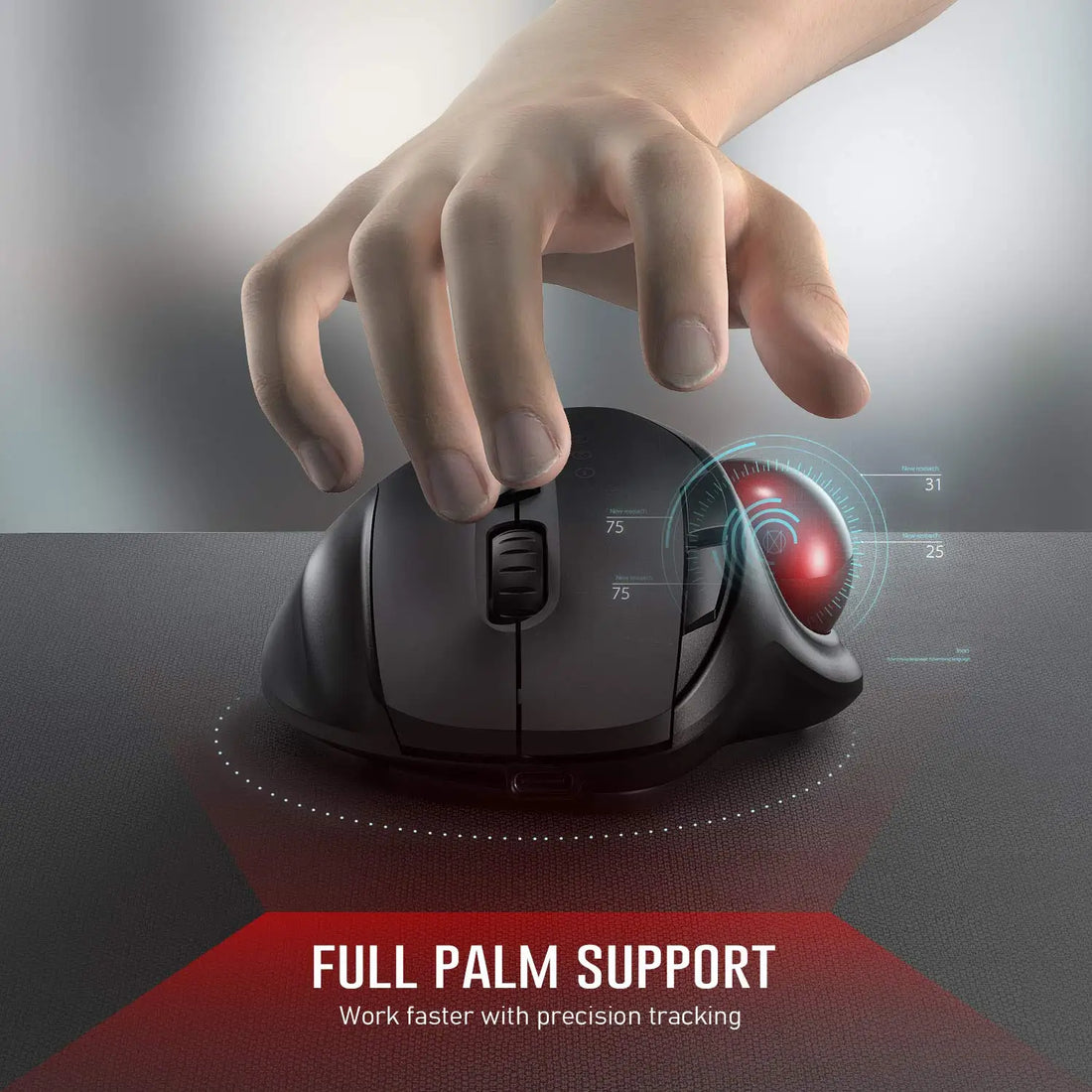 Wireless Ergonomic Trackball Mouse - Rechargeable with Adjustable DPI