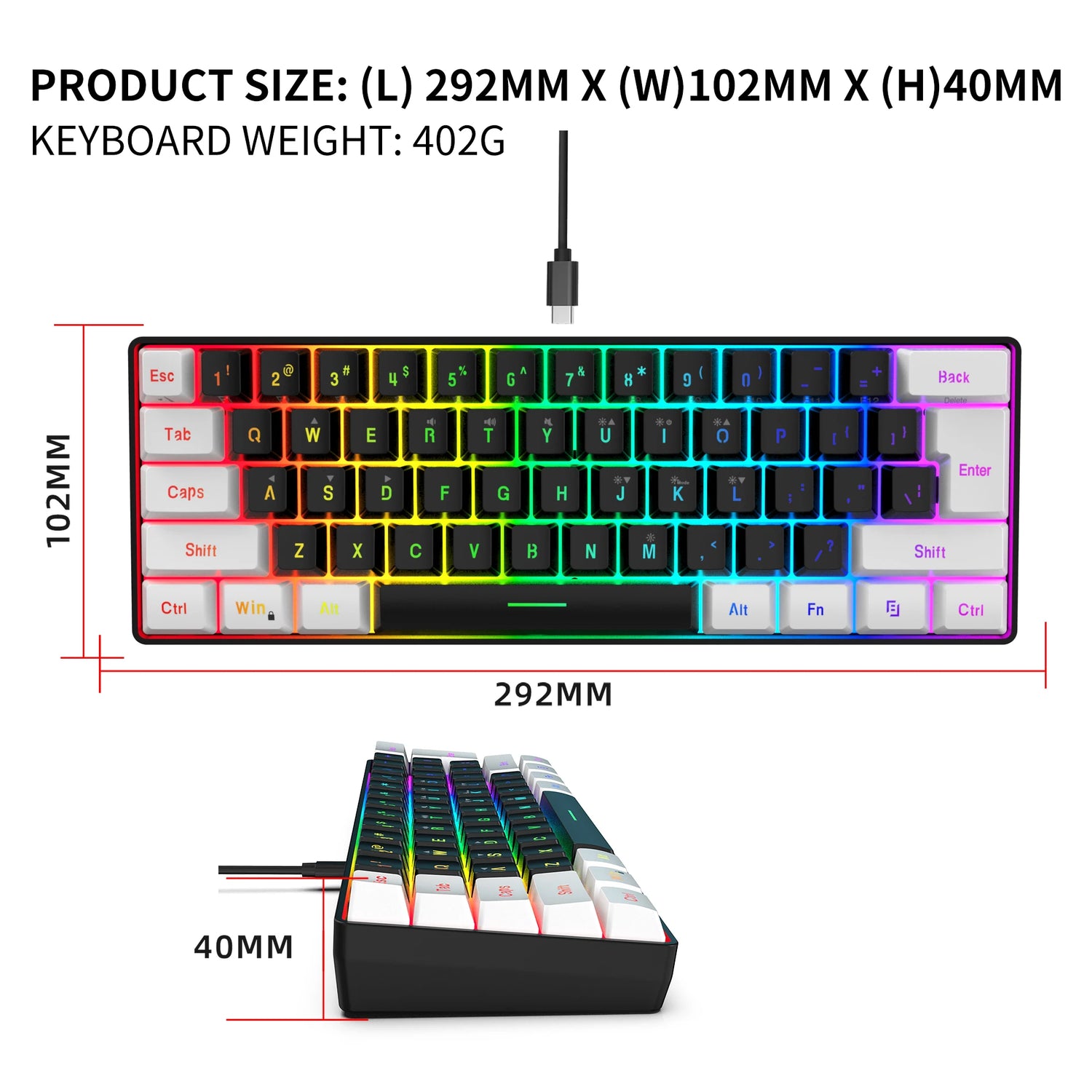 Wired RGB Gaming Keyboard and Mouse Combo – 61 Key White &amp; Black Backlit Set for Gamers, Perfect for PUBG &amp; Esports