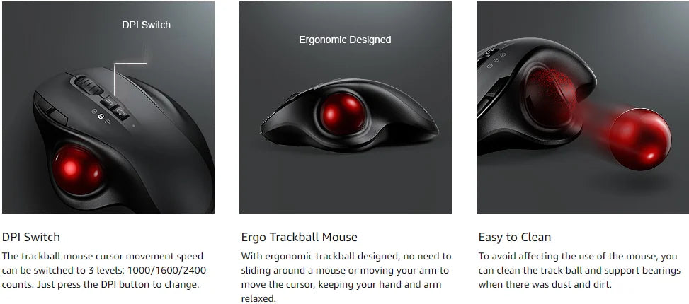 Wireless Ergonomic Trackball Mouse - Rechargeable with Adjustable DPI