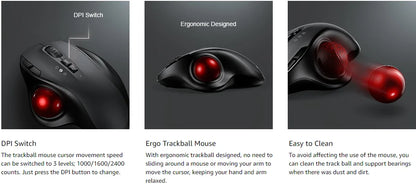 Wireless Ergonomic Trackball Mouse - Rechargeable with Adjustable DPI