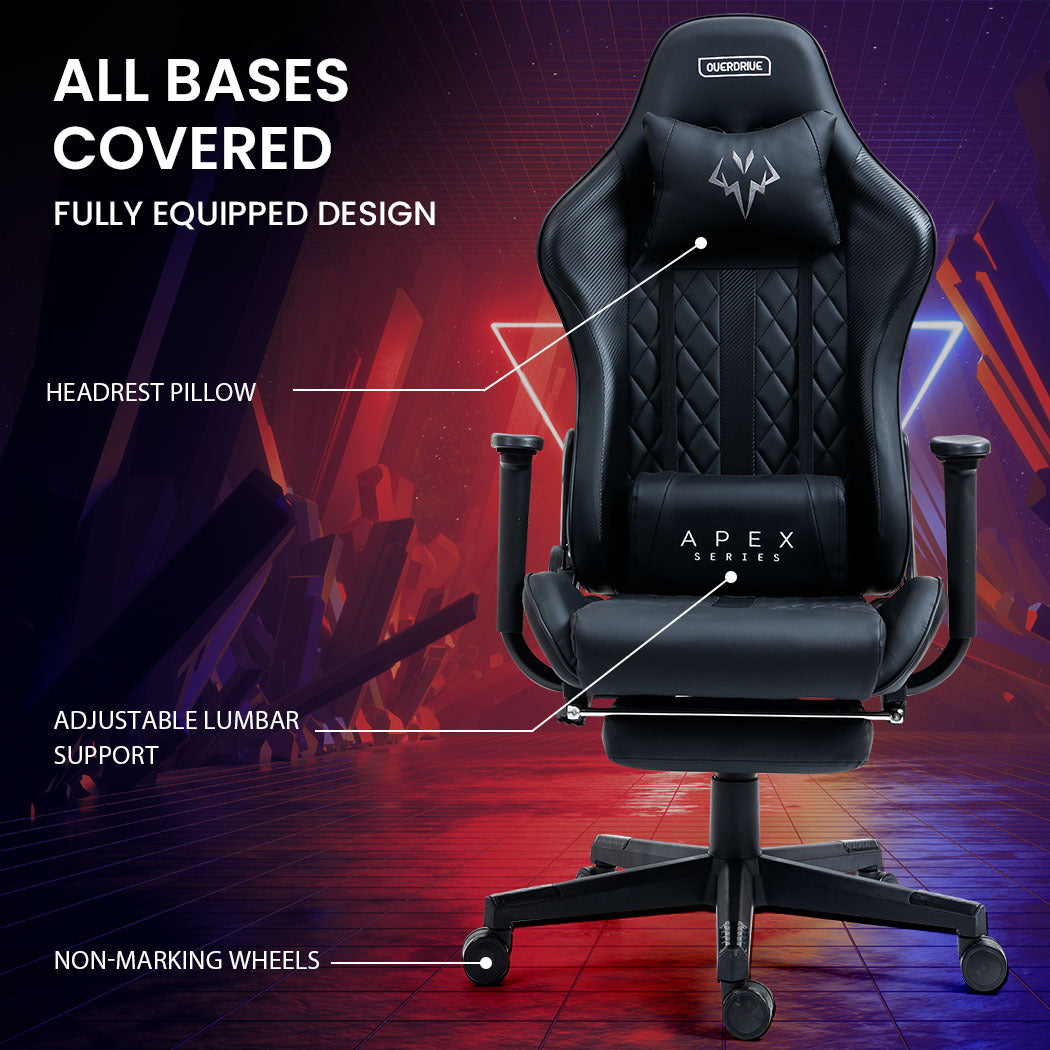 OVERDRIVE Apex Series Reclining Gaming Ergonomic Gaming Chair with Footrest, Black