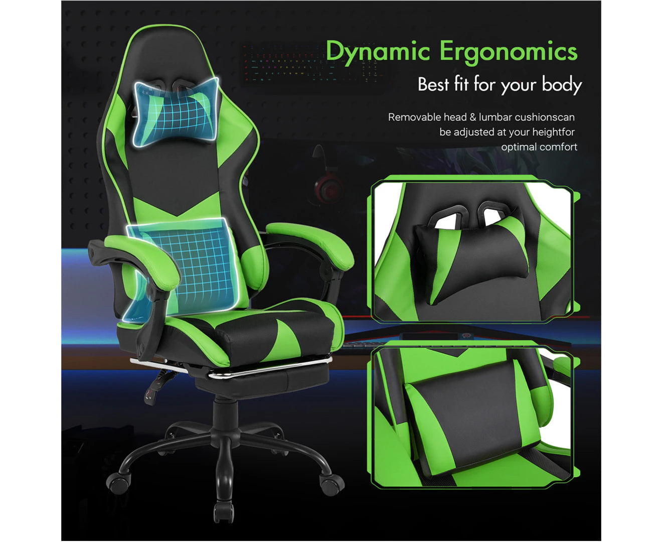 Computer Gaming Chair with Footrest High Back Ergonomic Office Chair PU Leather Gamer Chair with Lumbar Support Green